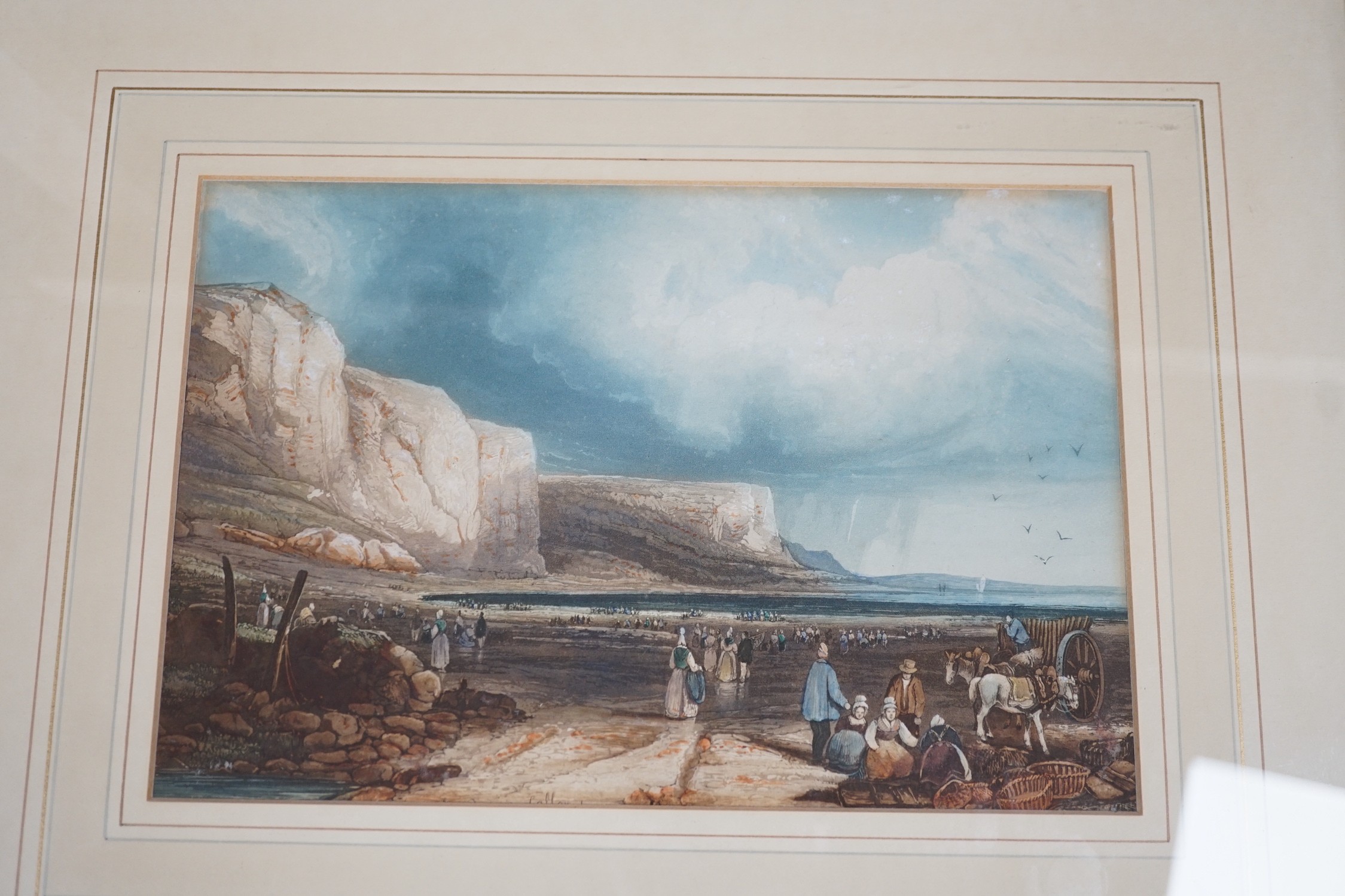F. Walters, oil on canvas, Seascape, signed, 20 x 40cm, a watercolour of fisherfolk on the shore by H. Walter, 21 x 27cm, an Italian lake scene and an aquatint beach scene
